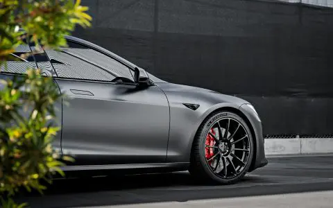 Stealth Model S Plaid - Full vehicle XPEL Stealth PPF 11 Tesla Model S Plaid Satin Black PPF Wrap Gloss Black 21 inch UP 03 Forged Wheels Red Carbon Ceramic Big Brake Kit 1920px Image 9