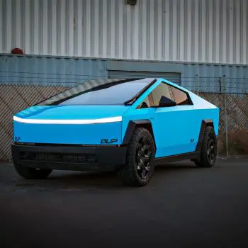 Cybertruck With A Sky Blue FlexiShield Colored PPF and UP CYBRHEX Wheels