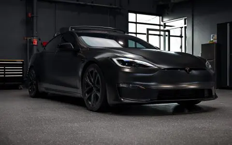 Satin Black Model S - Full vehicle color-change vinyl wrap, Window tint and Emblem blackout