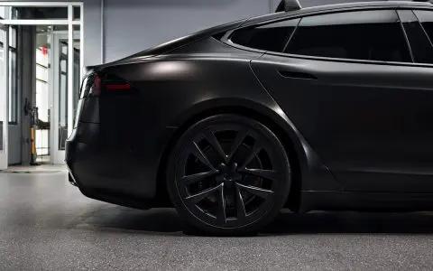 Satin Black Model S - Full vehicle color-change vinyl wrap, Window tint and Emblem blackout