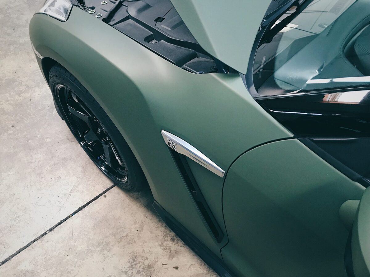 Nissan R35 GT-R Matte Olive Green Color Change Vinyl Wrap Image