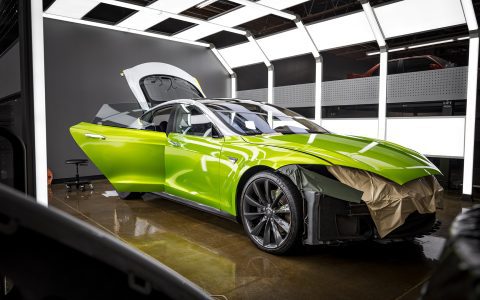 Dynamic Lime Model S - Full Color-Change Wrap in KPMF Metro Gloss Dynamic Lime