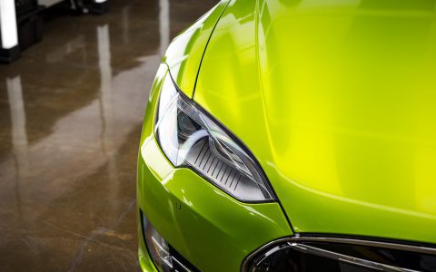 Dynamic Lime Model S - Full Color-Change Wrap in KPMF Metro Gloss Dynamic Lime