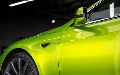 Dynamic Lime Model S - Full Color-Change Wrap in KPMF Metro Gloss Dynamic Lime