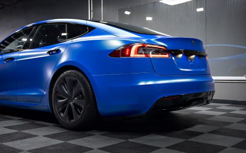 Satin Wave Blue Model S - Full vehicle color-change vinyl wrap and matte ceramic coating