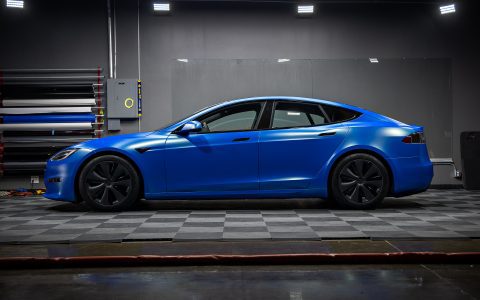 Satin Wave Blue Model S - Full vehicle color-change vinyl wrap and matte ceramic coating