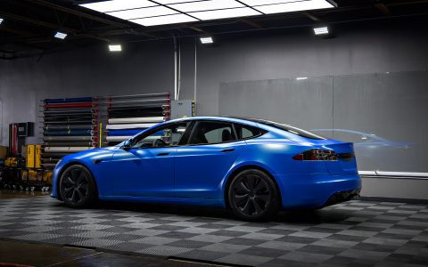 Satin Wave Blue Model S - Full vehicle color-change vinyl wrap and matte ceramic coating