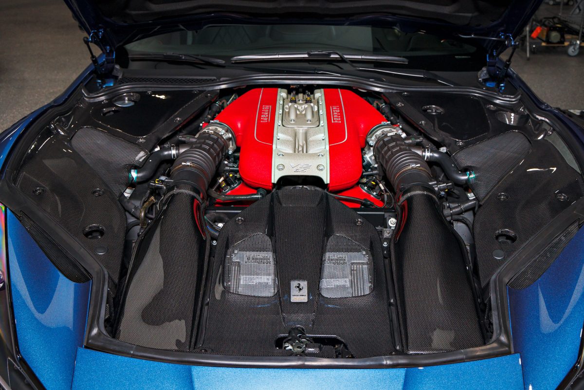 Blue Ferrari 812 Superfast - Full carbon fiber engine bay trim upgrades and Ceramic Coating