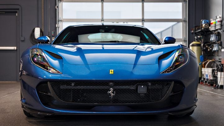 Blue Ferrari 812 Superfast - Full carbon fiber engine bay trim upgrades and Ceramic Coating