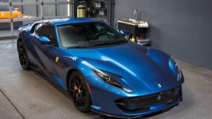 Blue Ferrari 812 Superfast - Full carbon fiber engine bay trim upgrades and Ceramic Coating