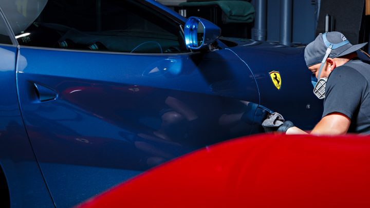 Blue Ferrari 812 Superfast - Full carbon fiber engine bay trim upgrades and Ceramic Coating