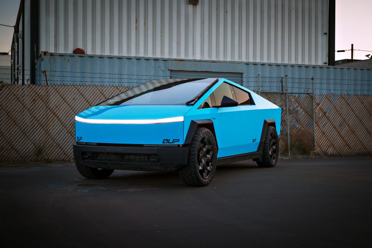 Cybertruck With A Sky Blue FlexiShield Colored PPF and UP CYBRHEX Wheels