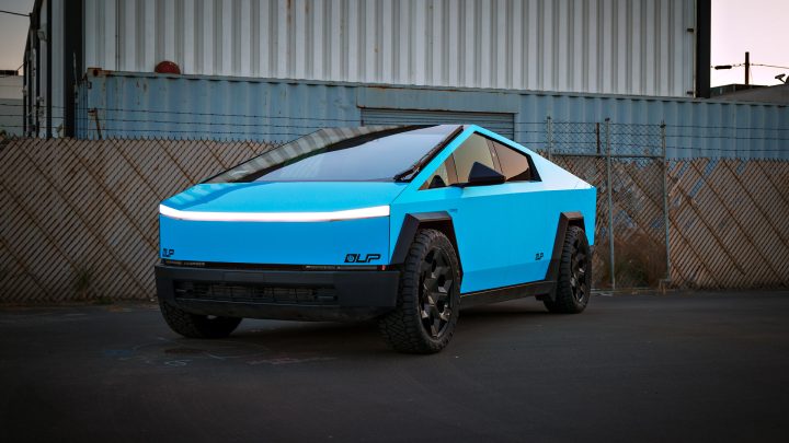 Cybertruck With A Sky Blue FlexiShield Colored PPF and UP CYBRHEX Wheels